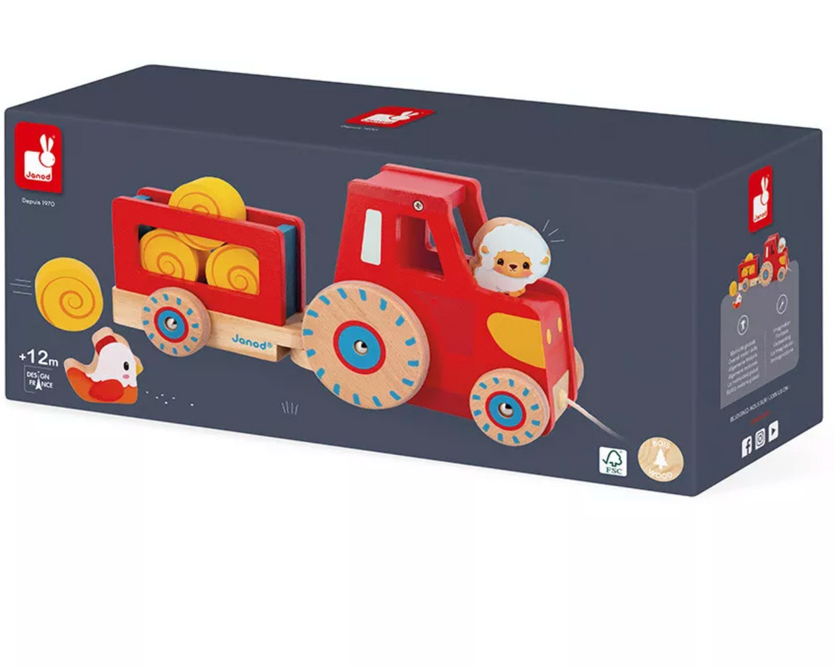 Farm Pull Along Tractor wooden toy with removable trailer, straw bales, sheep, and hen for toddlers 12m+ imaginative play.