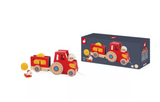 Farm Pull Along Tractor wooden toy with removable trailer, straw bales, sheep, and hen, designed for toddlers 12 months+