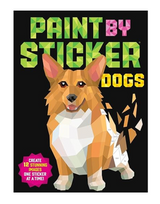 Paint By Sticker Dogs book cover featuring a geometric corgi and text about creating 12 stunning dog images.
