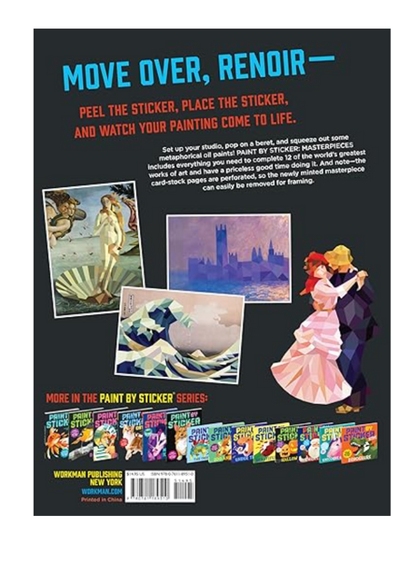 Paint By Sticker Masterpieces book back cover showing art stickers and instructions for creating famous paintings.