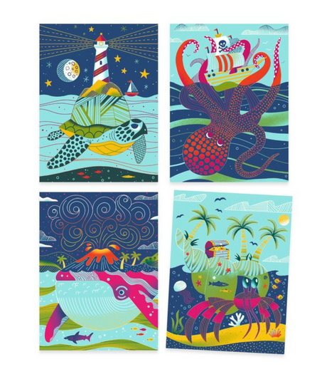 Scratch Art Topsy-Turvy set showing four colorful ocean-themed scratch boards with hidden illustrations.