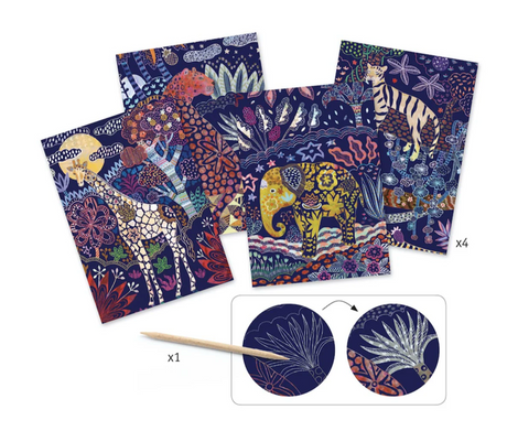 Scratch Art Lush Nature set with four colorful animal scratch boards and a wooden stylus for creative nature patterns.
