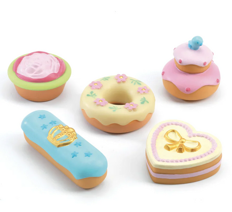 Princesses' Cakes wooden play set with five pastel and gold decorated plastic cakes for imaginative tea parties.