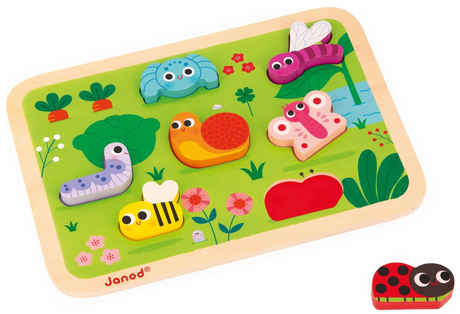 Chunky Garden Wooden Puzzle with seven colorful garden animal and plant pieces on a wooden board for toddlers.