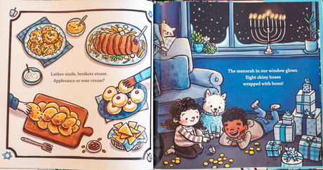 It's Winter! children's book illustration showing Hanukkah celebration with menorah, gifts, and traditional foods.