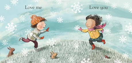 Illustration from Love Always Everywhere showing two children joyfully playing in the snow with rabbits around them.