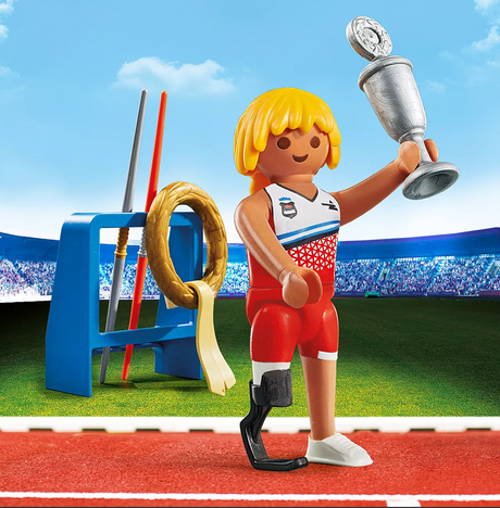 Special Plus | Javelin Thrower Playmobil figure with prosthetic leg holding trophy and victory wreath on stadium track.