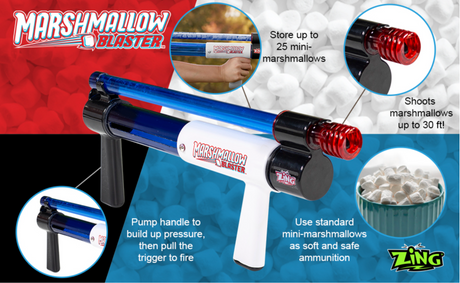 Marshmallow Pump Action Blaster showing blue and white blaster with red barrel, holding marshmallows and firing up to 30 feet.
