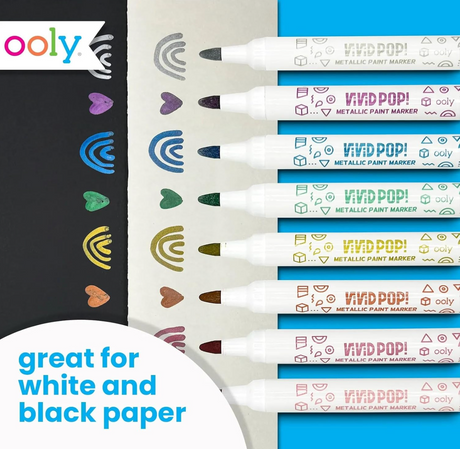 Vivid Pop! Paint Markers | Metallics shown with colorful metallic designs on black and white paper.