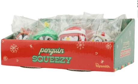 Christmas Penguin Squeezy holiday squishy toys in festive packaging, perfect for stress relief and stocking stuffers.