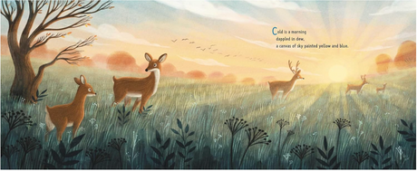 Cold book illustration showing deer in a dew-dappled meadow at sunrise, capturing a peaceful cold climate scene.