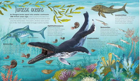 Prehistoric Worlds illustration showing Jurassic Oceans with marine dinosaurs and prehistoric sea creatures.