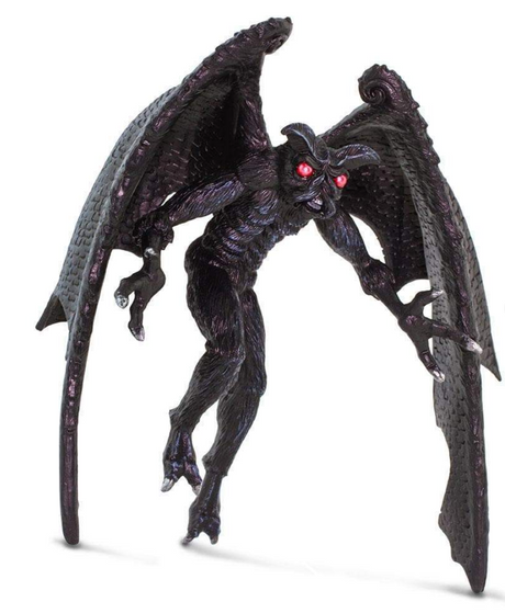 Mothman figure with large black wings, glowing red eyes, furry body, and silver claws, 5 inches tall and 6 inches wide.