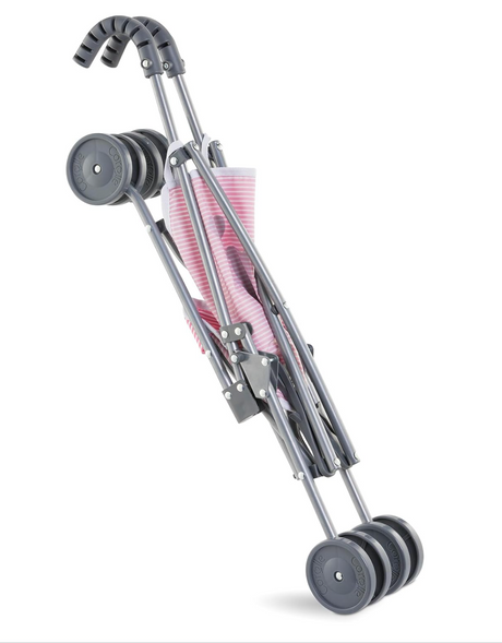 Folded Stroller Umbrella Pink Stripe with gray wheels and handles, designed for 14”-17” dolls, perfect for kids' imaginative play.