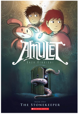 Amulet #1: The Stonekeeper book cover with Emily, Navin, a creature, and a glowing amulet in a mysterious world.