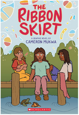 The Ribbon Skirt book cover showing three kids sitting by a lake with turtles and colorful shapes overhead