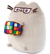 Pusheen with Rubiks Cube plush holding a soft satin scrambled Rubik’s Cube wearing glasses.