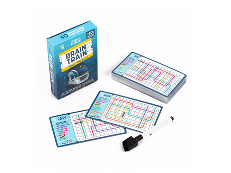 Brain Train Logic Puzzles showing colorful train puzzles, cards, and dry-wipe pen for engaging brain games.
