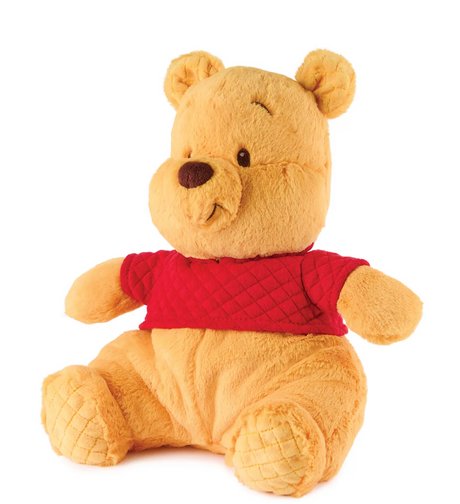 Oh So Snuggly Winnie the Pooh plush with soft amber fabric and quilted red t-shirt seated in a floppy, cuddly pose.