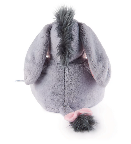 Oh So Snuggly Eeyore plush with soft gray fur, pink bow on tail, and long floppy ears, perfect for cuddling and play.