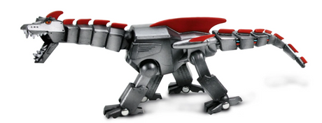 Robot Dragon toy figurine with articulated joints, metallic silver armor, red fins, and moving jaw in futuristic design.