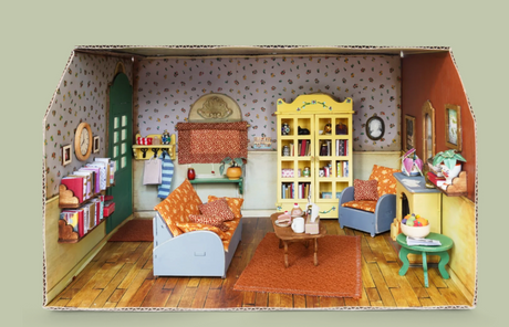 Sam & Julia | DIY Furniture Kit: Living Room miniature wooden living room with sofa, armchair, cupboard, and coffee table.