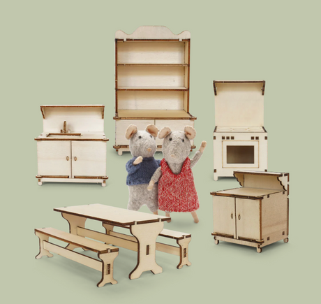 Sam & Julia | DIY Furniture Kit: Kitchen with wooden stove, sink, cupboard, dining table, benches, and two mouse figures.