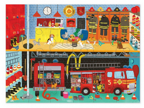 24pc Fire Station Puzzle showing colorful fire truck and gear in a detailed firefighter station scene for kids age 3+