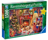 1500pc Christmas Eve Puzzle showing a cozy holiday scene with a decorated tree, fireplace, and pets relaxing indoors.