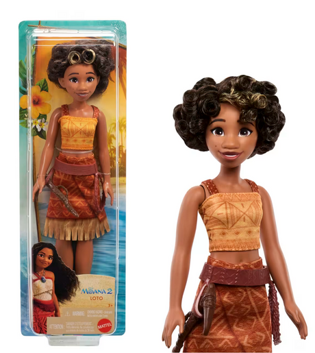 Disney Moana 2 Loto doll with curly hair, travel outfit, and toolbelt for imaginative ocean adventures.