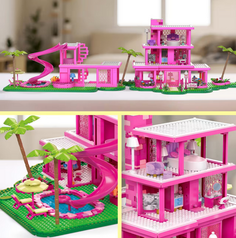 Mega Bloks Barbie Movie DreamHouse with 3 stories, pool slide, furniture, and micro-doll figures for collectors.