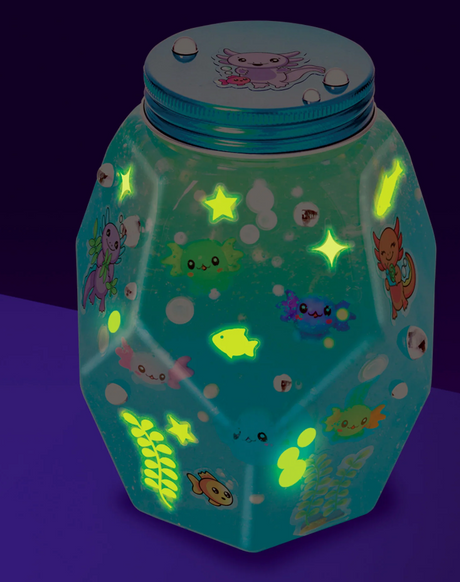 Glowing Axolotl Aquarium with glowing aquatic habitat, decorated with glow in the dark stickers and axolotl figures.