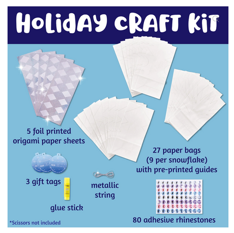 Make Your Own Snowflake Ornaments kit showing origami paper, paper bags, rhinestones, string, gift tags, and glue stick for crafting.