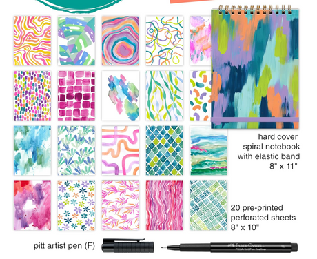 Reverse Coloring & Doodling | Brights spiral notebook with 20 colorful watercolor sheets and Pitt artist pen.