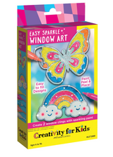 Easy Sparkle Window Art kit with glitter paint and rhinestones to create butterfly and rainbow window clings.