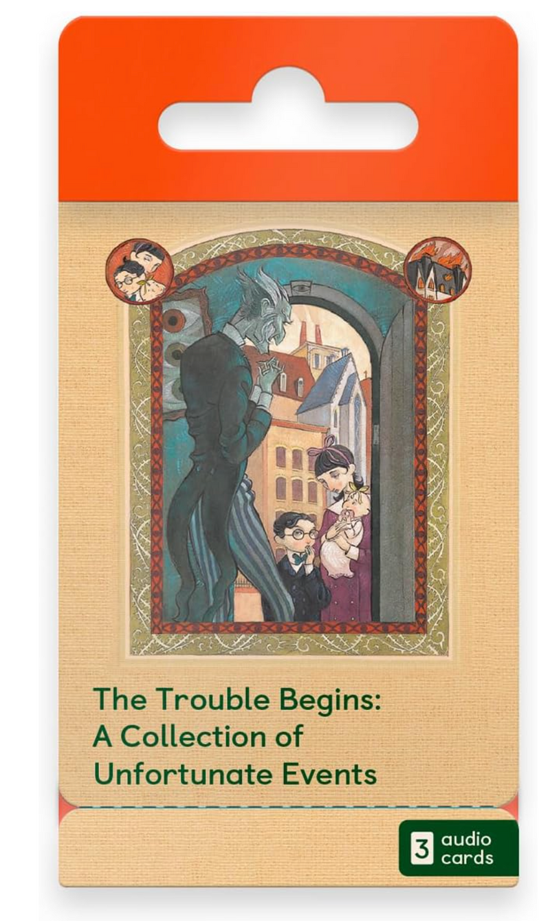 Yoto | The Trouble Begins: A Collection of Unfortunate Events audiobook card pack with Baudelaire orphans and Count Olaf artwork