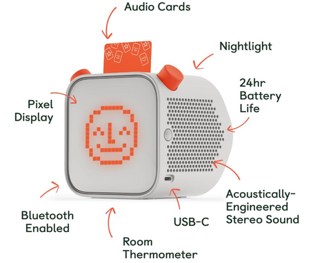 Yoto Player (3rd Generation) with pixel display, Bluetooth, nightlight, USB-C, and 24hr battery life for kids' audio play.