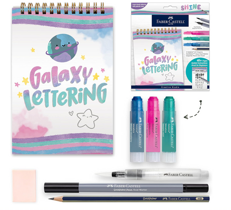 Galaxy Lettering Kit with spiral bound activity book, Gelatos Art Crayons, water brush, markers, pencil, and eraser for brush lettering.