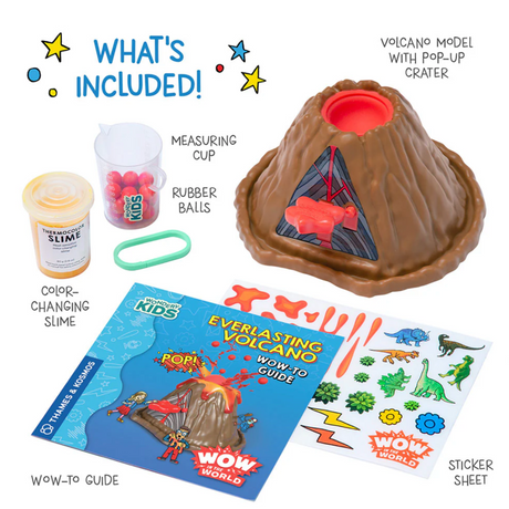 Everlasting Volcano kit with pop-up crater, color-changing slime, stickers, rubber balls, measuring cup, and Wow-to guide.