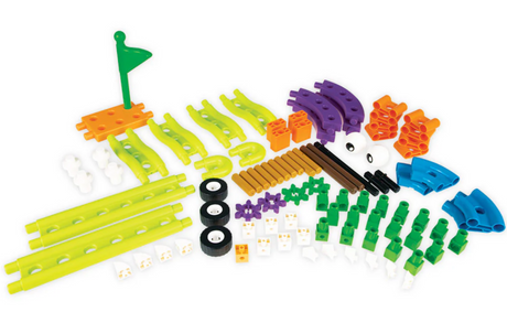 Amusement Park Engineer kit with colorful plastic pieces to build and experiment with amusement park ride models.