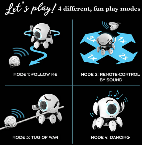 Hero Sound Sensing Robot showing four fun play modes: follow, remote control, tug-of-war, and dancing by sound.