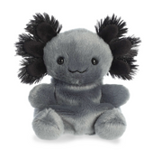 Palm Pals Axolotl Onyx plushie with velvety charcoal-grey body and fluffy dark tufts resembling axolotl gills.