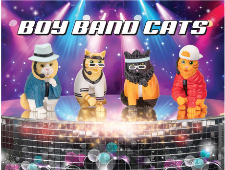 Boy Band Cats set of four vinyl figures dressed as 1990s pop stars on a shiny stage with colorful lights.