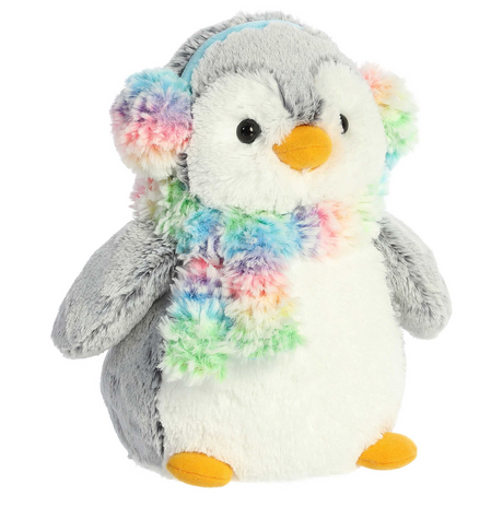Penguin PomPom Rainbow Muffs plush with soft gray body, colorful rainbow scarf and matching earmuffs, perfect winter gift.