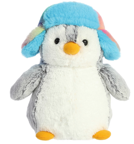 PomPom Rainbow Trapper plush penguin wearing a colorful rainbow trapper hat, soft and cuddly toy.