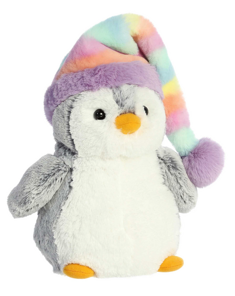 Penguin PomPom Rainbow Hat plush toy with soft gray and white fur and a colorful rainbow pom pom hat.