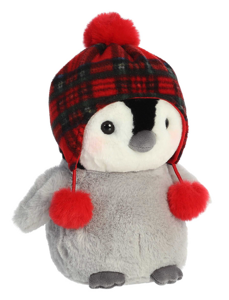 Penguin Chillin Chick Chucky plush wearing a red plaid hat with pom-poms, soft and festive holiday decor.