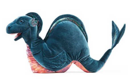 Nessie Puppet in teal plush with iridescent accents, movable mouth, and friendly design, perfect for imaginative play.