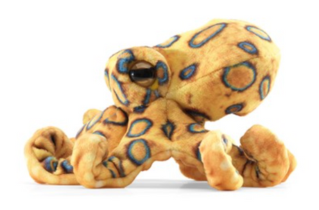 Blue Ringed Octopus Finger Puppet in golden hue with blue rings, an exotic small cephalopod toy for imaginative play.