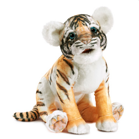 Baby Tiger Puppet with lifelike tiger stripes, big blue eyes, and a movable mouth, perfect for ages 3 and up.